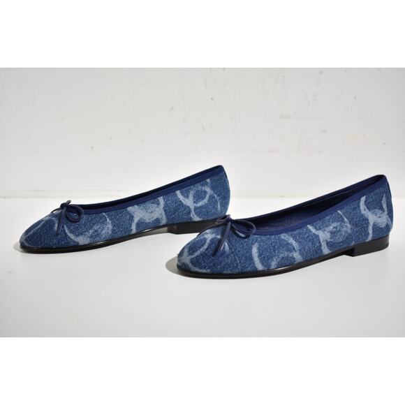 Chanel 23B Printed Denim Blue White CC Logo Bow Tie Ballet Ballerina Flat 38 - Picture 10 of 12
